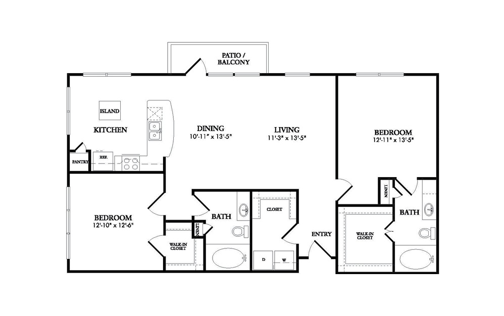 The Manaco - 2-bedroom floorplan layout with 2 baths and 1239 square feet